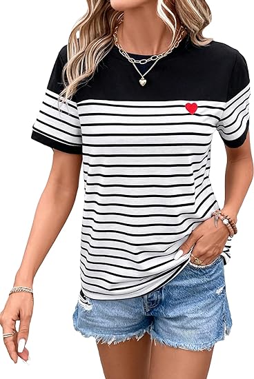 Photo 1 of COZYEASE Women's Striped Print Crewneck Short Sleeve Tee Tops Casual Embroidery Solid Summer Tee Shirts