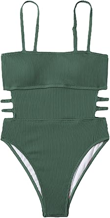 Photo 1 of ***SEE PHOTOS FOR COLOR***Hilinker Women's Ribbed One Piece Swimwear Cutout Tummy Control Bathing Suit MEDIUM GREEN