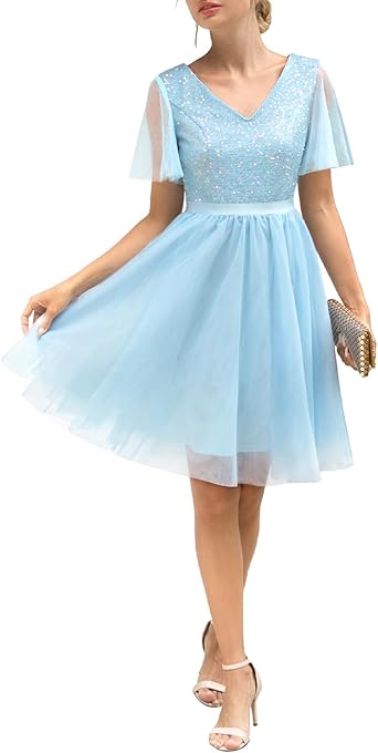 Photo 1 of Meetjen Women's Prom Wedding Guest Dress Cocktail Dress Sequin Tulle Dress Short Sleeve V Neck A-line Dress///XL 