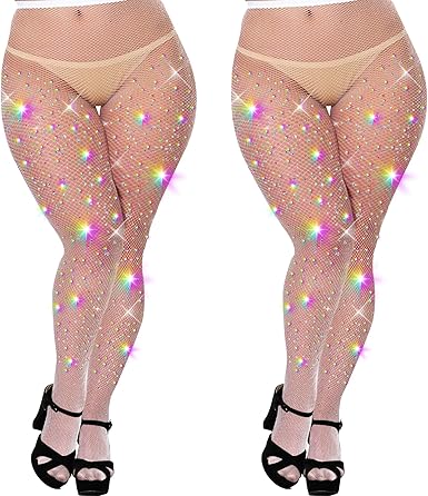 Photo 1 of 2 pcs Sparkly Fishnet Stockings For Women,Rhinestone Fishnets Tights, Fishnet Tights Plus size, Fish Nets Fits All