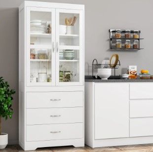 Photo 1 of Homfa 66.5" Kitchen Pantry Glass Storage Cabinet with 3 Drawer & Shelves, White
