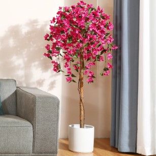 Photo 1 of 5FT Artificial Bougainvillea Flowers Tree with Wood Branches, Plant in Black Plastic Pot. DR.Planzen