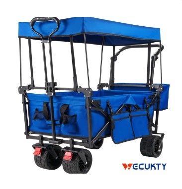 Photo 1 of Collapsible Garden Wagon Cart with Removable Canopy, VECUKTY Foldable Wagon Utility Carts with Wheels and Rear Storage, for Garden Camping Grocery Shopping Cart,Blue