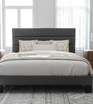 Photo 1 of Allewie Queen Size Platform Bed Frame with Fabric Upholstered Headboard, No Box Spring Needed, Dark Grey
