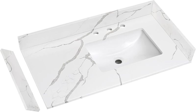 Photo 1 of 36 in.W x 22 in.D Quartz Calacatta River Vanity Top,with Undermount Right Offset Sink Vanity Top,with Two Sidesplash & One Backsplash,8 Inch Faucet Hole Spread Bathroom Vanity Sink Countertop