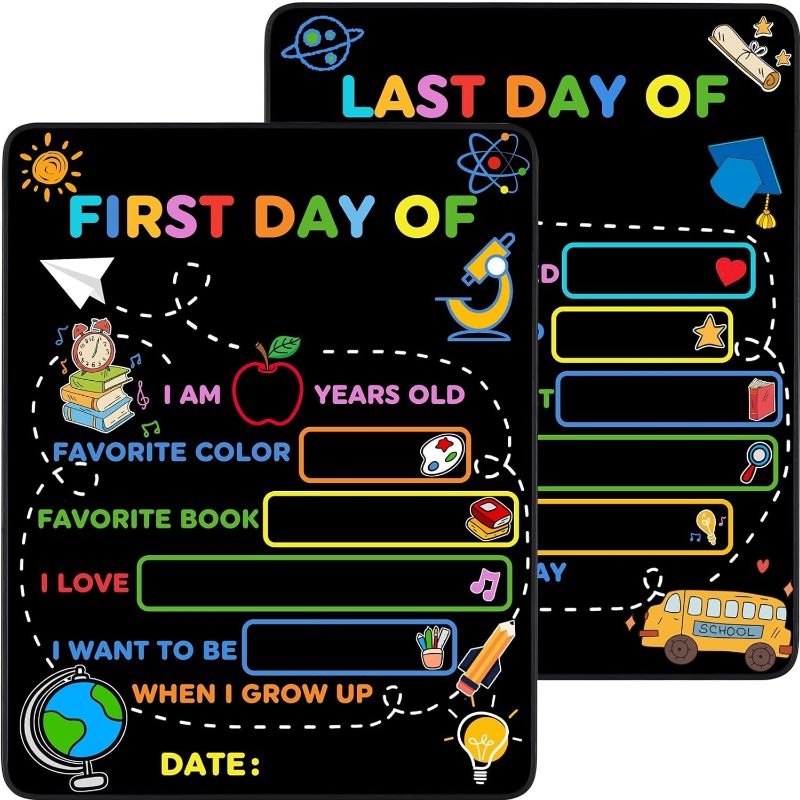 Photo 1 of 2PCS First & Last Day of School Board Sign, 14x11 Inch Back to School Chalkboard Sign Reusable - 1st and Last Day of Kindergarten Grade Preschool Sign, Double-Sided Back to School Supplies for Kids