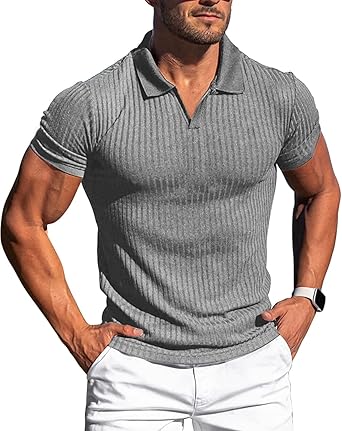 Photo 1 of Men's Polo Shirts Slim Fit Short Sleeve Classic Golf Shirts Ribbed Knit V Neck Casual Shirts for Men//LARGE