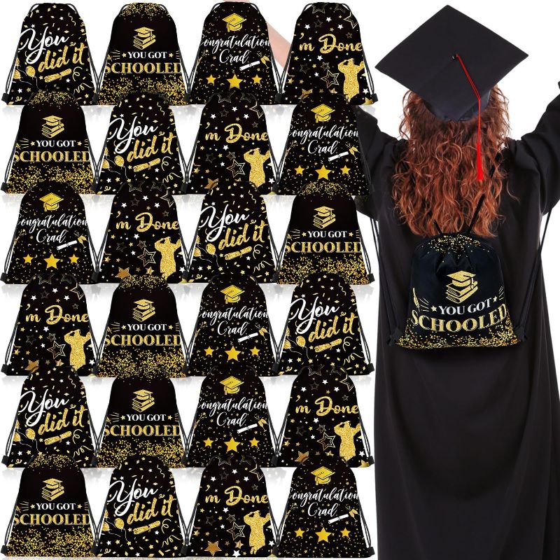 Photo 1 of Amylove 32 Pcs Graduation Gift Bags Graduation Bags with Drawstrings Grad Party Favor Bags Graduation Gift Drawstring Bag for College High School Middle School Party Supplies, 9 x 12 Inch (Black)