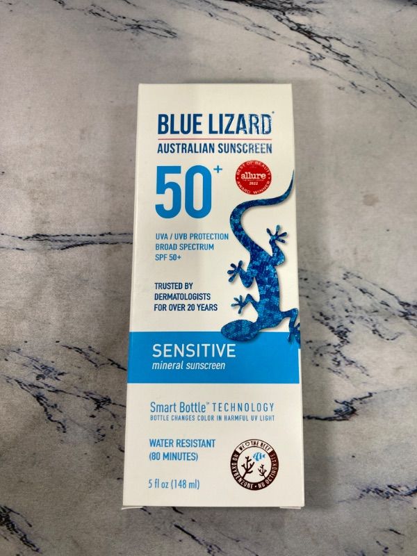 Photo 2 of BLUE LIZARD Sensitive Mineral Sunscreen with Zinc Oxide, SPF 50+, Water Resistant, UVA/UVB Protection with Smart Bottle Technology - Fragrance Free, 5 oz SPF 50+ 5 Fl Oz (Pack of 1)