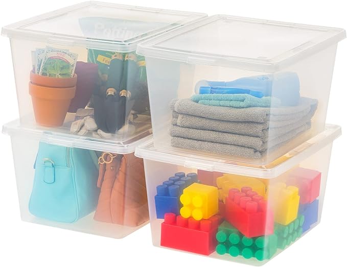 Photo 1 of IRIS USA 24.5 Quarts Plastic Storage Container Bin with Latching Lid, 4 Pack, Nestable Box Tote Closet Game Organization Teacher Tools Art Supplies Shoe Shoebox Towel Blanket Comforters Sleeping Bag