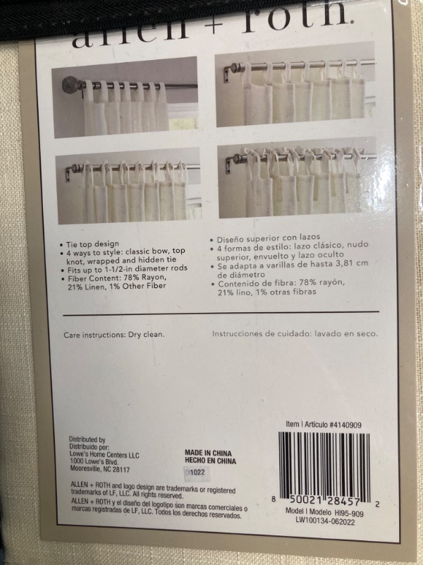 Photo 3 of allen + roth 95-in Ivory Light Filtering Tie Top Single Curtain Panel
