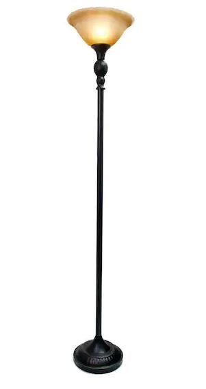 Photo 1 of 1-Light 71 in. Restoration Bronze Torchiere Floor Lamp with Marbelized Amber Glass Shade