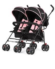 Photo 1 of Dream On Me Volgo Twin Umbrella Stroller in Pink, Lightweight Double Stroller for Infant & Toddler, Compact Easy Fold, Large Storage Basket, Large and Adjustable Canopy