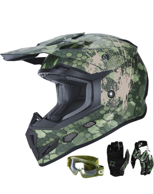 Photo 1 of GLX GX623 DOT Kids Youth ATV Off-Road Dirt Bike Motocross Motorcycle Full Face Helmet Combo Gloves Goggles for Boys & Girls (Camouflage, Small)