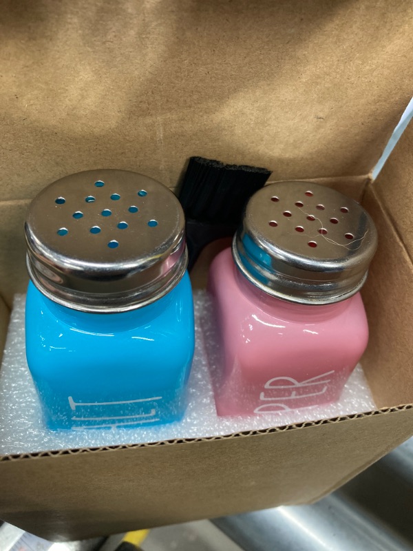 Photo 2 of 2 Pack Salt and Pepper Shakers Set, Glass Salt Shaker with Stainless Steel Lid, Modern and Cute Farmhouse Salt and Pepper Set (Pink and Blue) blue, pink (medium)