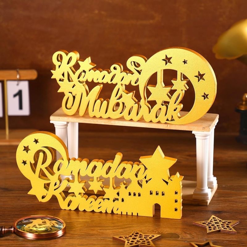 Photo 1 of *Bundle Items 2 Pack* Menkxi 2 Pcs Ramadan Mubarak Sign Ramadan Kareem Table Decor Islamic Wood Eid Decorations Table Top Rustic Wooden Letter Gold Mosque Centerpiece for Home Kareem Gifts