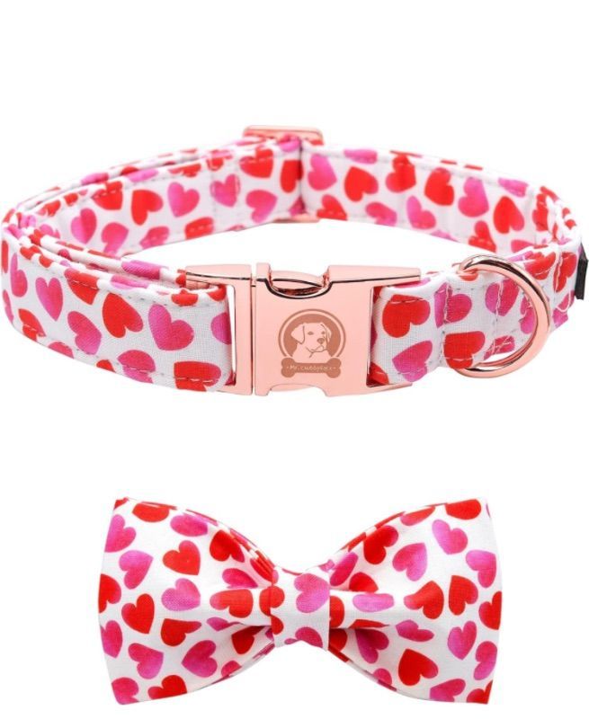 Photo 1 of *Bundle Items 2 Pack* MR. CHUBBYFACE Valentines Day Dog Collar with Dog Bow Tie, Adjustable Dog Collar Cute Boy Girl Dog Collars for Small Medium Large Dogs Medium 