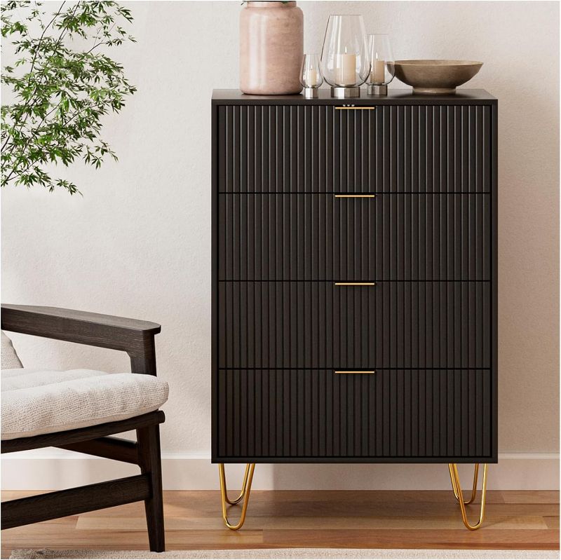 Photo 1 of AEPOALUA 4 Drawer Dresser,Drawer Chest,Tall Storage Dresser Cabinet Organizer Unit with Gold Handles,Black Dresser for Bedroom, Living Room, Closet, Hallway,Black Stripe
