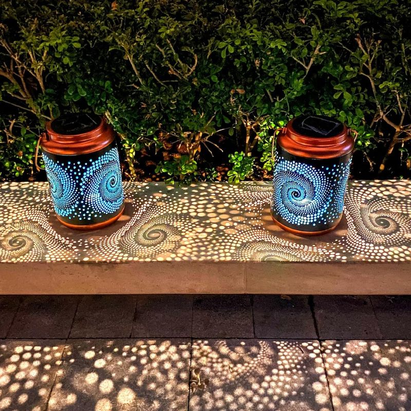 Photo 1 of 2 Pack Solar Lanterns Outdoor Hanging Lantern Metal Waterproof LED Lantern with Solar Powered Garden Patio Decorations Decor Lantern with Handle Christmas Gift Idea 
2 Pack Blue Lantern