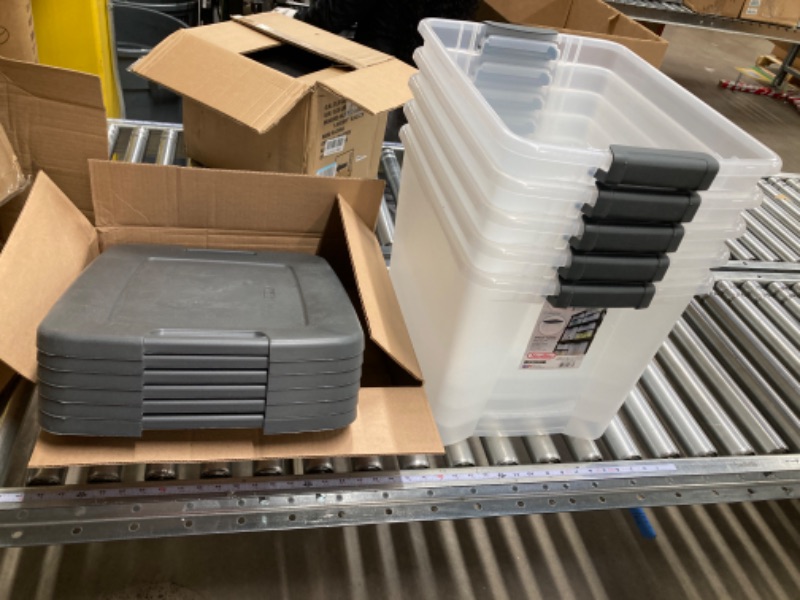 Photo 1 of *ONE CONTAINER IS MISSING* Sterilite 19373V06 50 Quart / 47 Liter Shelf Tote, Clear Base with Flat Gray Lid and Latches, 5-Pack 50 Quart Tote Storage Unit