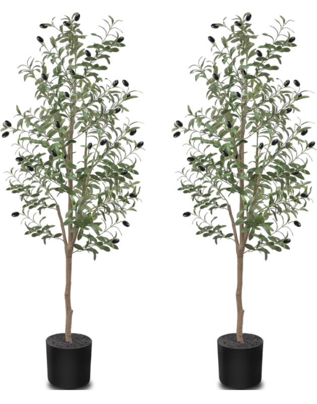 Photo 1 of 6 Ft Faux Olive Tree, Artificial Olive tree Indoor with 1104 Lifelike Leaves 60 Fruits Natural Wood Trunks Tall Fake Potted Tree Olive Silk Plant for Home Office Floor Living Room Decor Outdoor,2 Pack