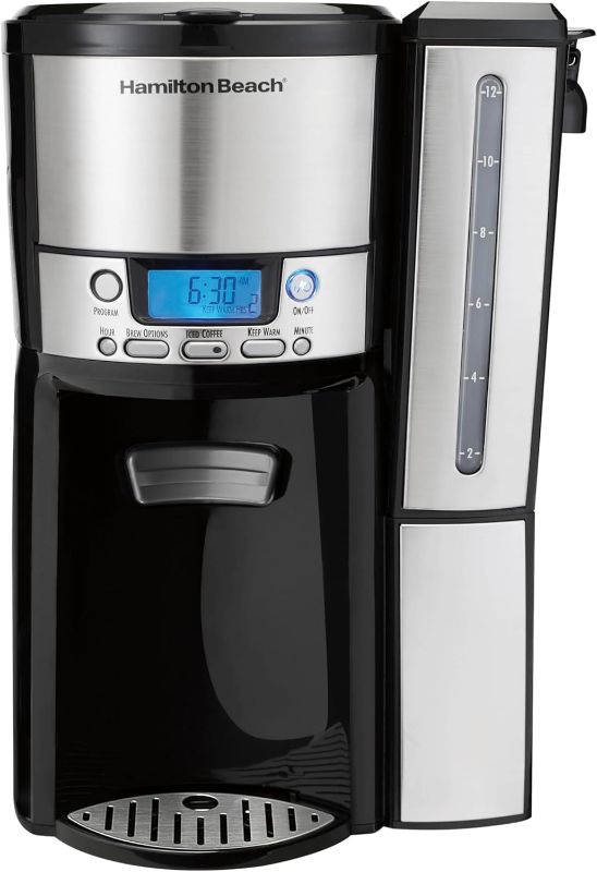 Photo 1 of Hamilton Beach One Press Programmable Dispensing Drip Coffee Maker with 12 Cup Internal Brew Pot, Water Reservoir, Black and Silver (47950)
