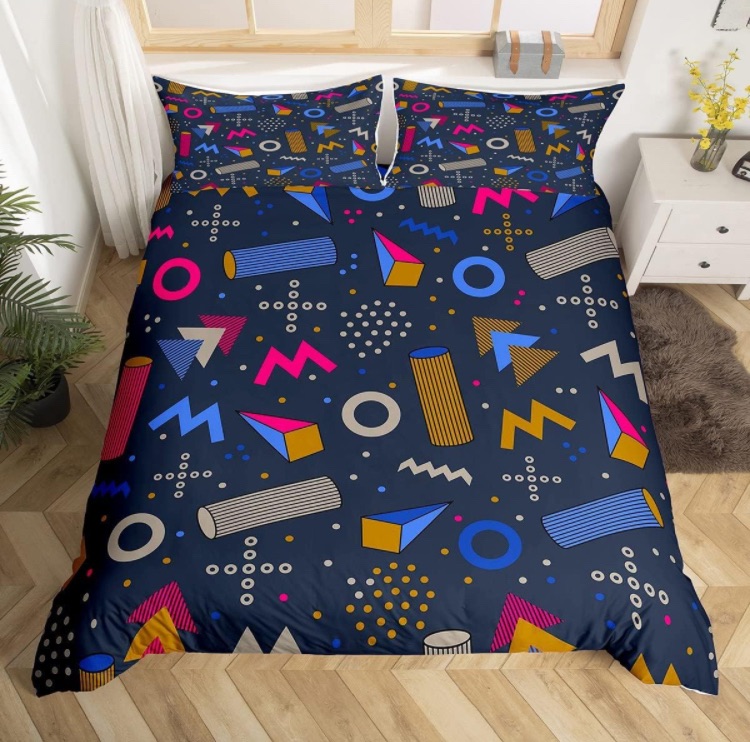 Photo 1 of 80s 90S Fashion Style Bedding Set Queen Size,Retro Memphis Style Pattern with Geometrical Shapes Duvet Cover for Kids Child,Funky Hipster Old Fashioned Comforter Cover Geometric Bedroom Decor