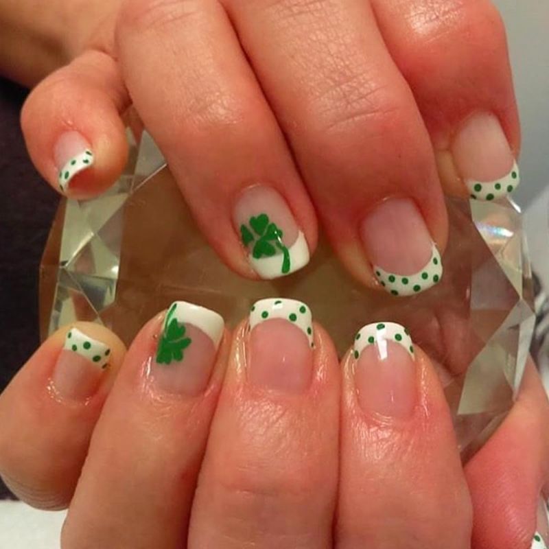 Photo 1 of  DIFFERENT DESIGNS - St. Patrick's Day Press on Nails Short Length Square French Tip Press on Fake Nails Green Four Leaf Clover with Dots Designs Shamrock Glossy Reusable Stick on Nails for Women DIY Nail Decoration 24Pcs( 3 PACKS) -