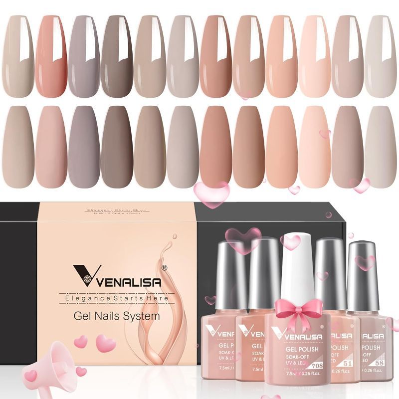 Photo 1 of VENALISA Gel Nail Polish Set - 12 Pcs 7.5ml Nude All Seasons Skin Tones Neutral Pink Brown Gel Polish Kit, Soak Off UV LED Gel Polish Set Nail Art Salon Manicure DIY Gifts