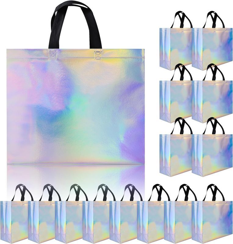 Photo 1 of 12Pcs Iridescent Medium Silver Gift Bags with Black Handles – Shiny Reusable Holographic Gift Bag with a Cardboard - Perfect for Goodie Bags, Party Favor Bags, Birthday Gift Bags. Size 8Wx4lx10H