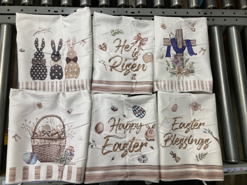 Photo 2 of 6 Pcs Easter Kitchen Towel Easter Egg Bunny Rabbit Dish Towel He Is Risen Religious Cross Hand Towel Absorbent Decorative Tea Drying Cloth for Cooking Baking Cleaning(Cute Color, Stripe) (3Pk)