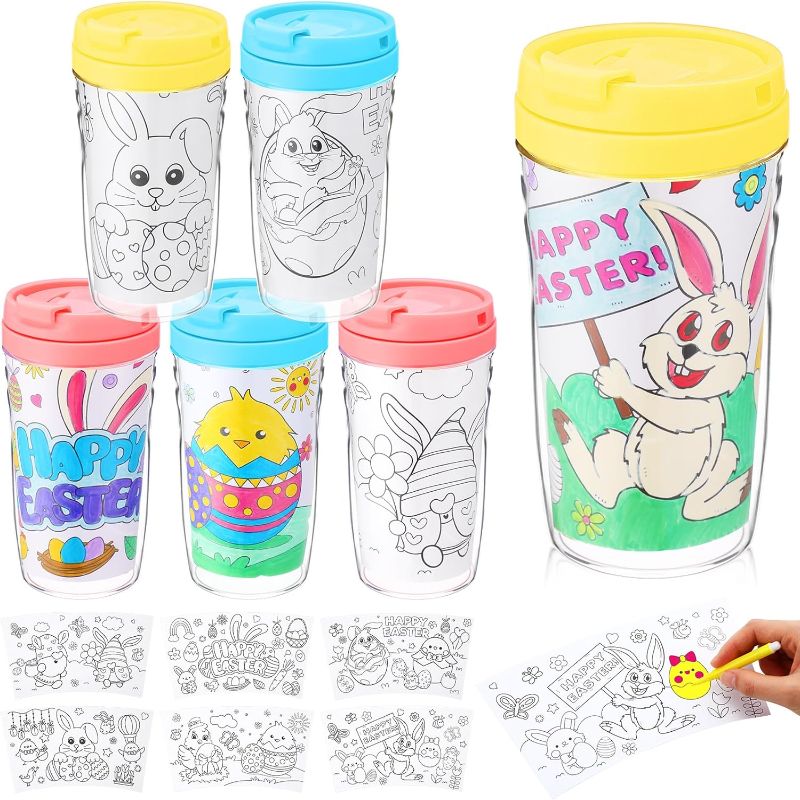 Photo 1 of Resholder 12 Set Easter Crafts Easter Coloring Cup Easter Party Cups Easter Gifts for Kids Students Easter Cups with Lids and Straws