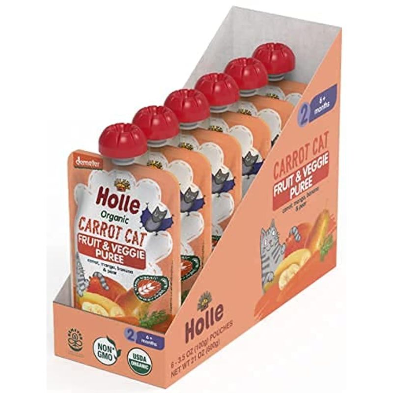 Photo 1 of Holle Organic Baby Food Pouches - Carrot Cat Baby Puree with Carrot, Mango, Banana & Pear - (6 Pack) Organic Baby Snacks + Fruit and Veggie Pouches for Weaning Babies 6 Months and Older