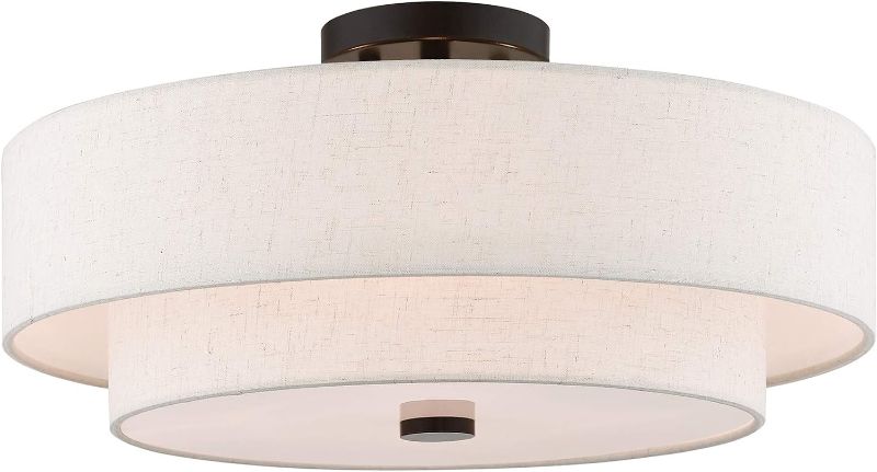 Photo 1 of 
Livex Lighting 51085-92 4-Light Semi Flush Mount Ceiling Fixture with Oatmeal Color Fabric Hardback Drum Shade and Satin White Diffuser, English Bronze
