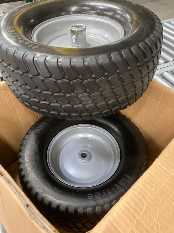 Photo 2 of (2-Pack) 16x6.50-8 Tire and Wheel Flat Free - Solid Rubber Riding Lawn Mower Tires and Wheels - With 3" Offset Hub and 3/4" Bushings - 16x6.5-8 Tractor Turf Tire Turf-Friendly 3mm Treads
