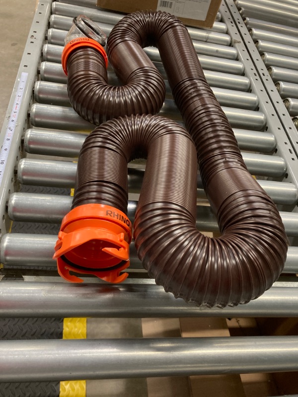 Photo 1 of Camco RhinoFLEX RV Sewer Hose Kit with Swivel Transparent Elbow and 4-in-1 Dump Station Fitting, Brown, 15 Feet (39770) 15ft Sewer Hose Kit (NO CAPS)