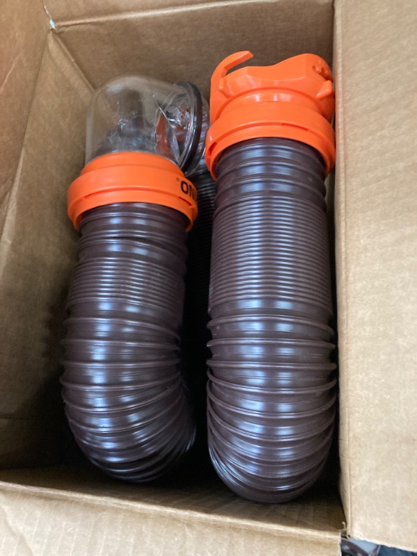 Photo 1 of Camco RhinoFLEX RV Sewer Hose Kit with Swivel Transparent Elbow and 4-in-1 Dump Station Fitting, Brown, 15 Feet (39770) 15ft Sewer Hose Kit (NO CAPS)