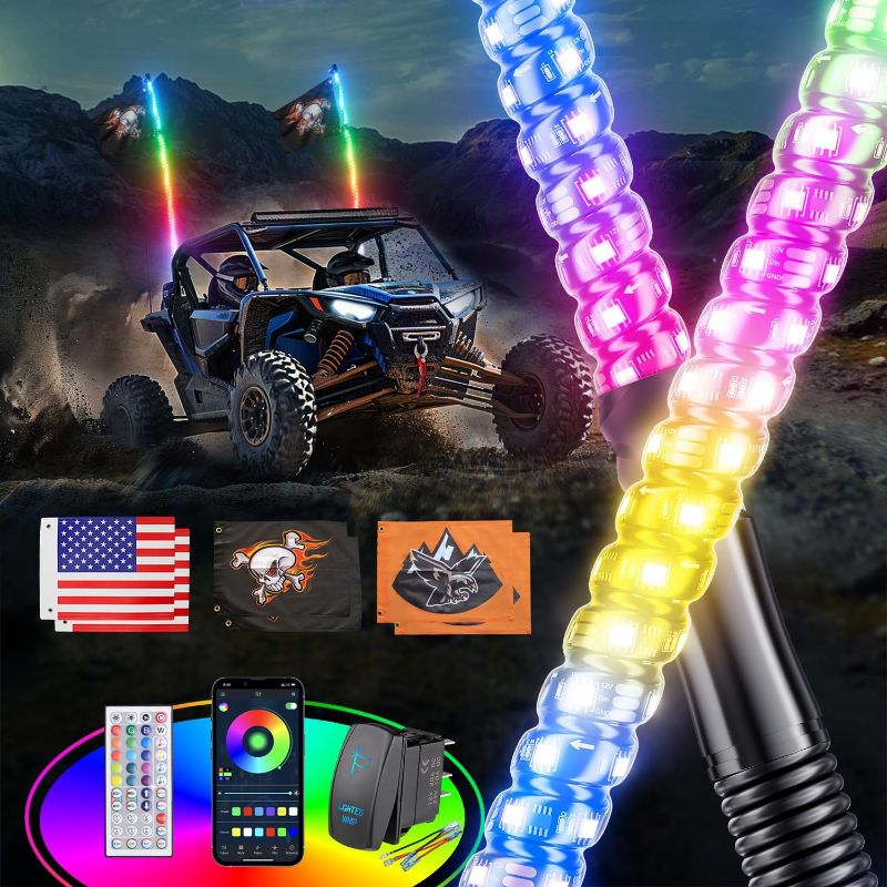 Photo 1 of 2 PCS 4FT LED Whip Lights w/Spring Base & 6 Nylon Flags, 366 Modes RGB Music Chasing Lighted Antenna Whip for UTV ATV RZR Can-Am SXS Polaris Support APP & 44-Key Remote Control