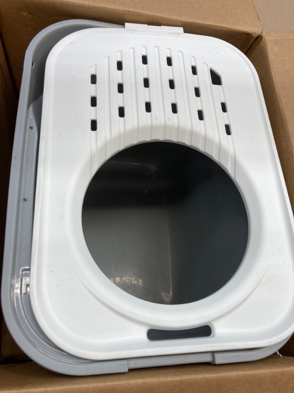 Photo 3 of ***NEEDS TO BE CLEANED ** IRIS USA Large Square Top Entry Cat Litter Box Without Scoop, Kitty Litter Pan with Litter Particle Catching Cover and Privacy Walls, Gray/White