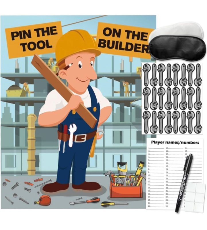 Photo 1 of *** BUNDLE X 2 *** Pin The Tool on The Builder, Construction Party Games, Construction Birthday Party Fun Games Supplies Decorations Decor for Families Adult Groups