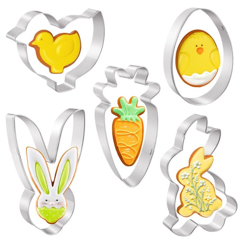 Photo 1 of *** BUNDLE X 4 *** Easter Cookie Cutter Set - 5 Pices,Easter Bunny Cookie Cutter,Stainless Steel Cookie Biscuit Cutter Shapes - Egg, Carrot, Bunny, Chick, Bunny Face Holiday Themed Cutter