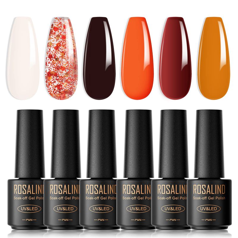 Photo 1 of *** BUNDLE X 2 *** ROSALIND Pumkin Orange Gel Nail Polish Set, 6 Pcs White Black Glitter Gel Polish Set Orange Glitter Nail Polish Gel Soak off Long Lasting Starter Kit Pumpkin Color Home Manicure Kit