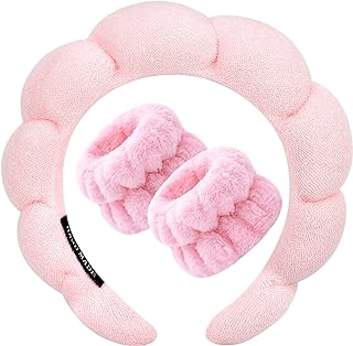 Photo 1 of *** BUNDLE X 2 *** Spa Headband for Washing Face, Makeup Headbands Wristbands set, Bubble Skincare Headband for Facial Washing, Terry Cloth Puffy Headbands for Mask Skin Treatment, Sponge Hairband for Women Girl (PINK)