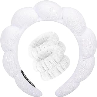 Photo 1 of *** BUNDLE X 2 *** Spa Headband for Washing Face, Makeup Headbands Wristbands set, Bubble Skincare Headband for Facial Washing, Terry Cloth Puffy Headbands for Mask Skin Treatment, Sponge Hairband for Women Girl (WHITE)