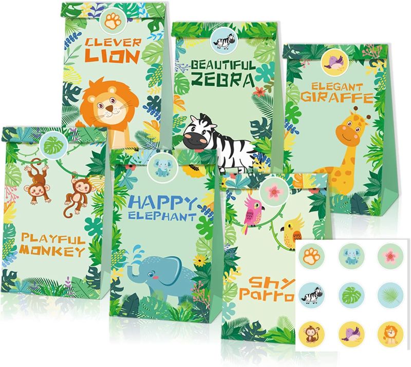 Photo 1 of 12 Pcs Jungle Safari Animals Treat Bags Jungle Theme Party Supplies Goody Gift Bags Jungle Animal Birthday Bags with Stickers for Kids Baby Shower Birthday Party Favor