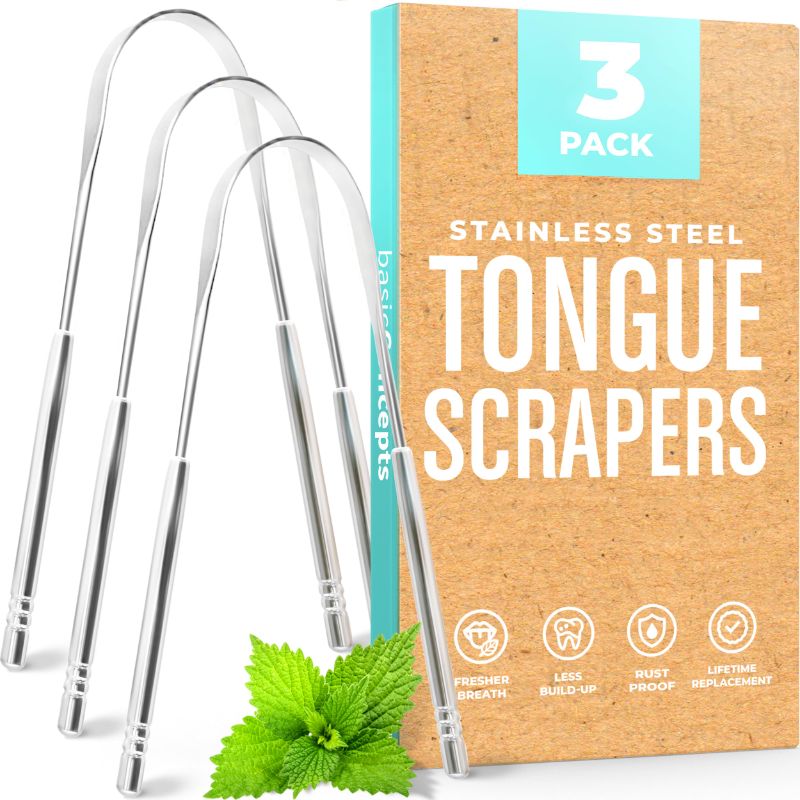 Photo 1 of *** BUNDLE X 2 *** Tongue Scraper for Adults, Stainless Steel Metal Tongue Scraper for Tongue Cleaning and Reducing Bad Breath, Tong Style Tongue Scraper for Oral Care with Case, Reusable (3 Pack) 3 Set Tongue Scraper