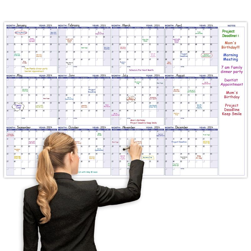 Photo 1 of *** BUNDLE X 3 *** Large Dry Erase Calendar – Yearly Wall Calendar Dry Erase, 57.9" x 37", 12-Month Undated Calendar, Reusable Laminated with 15 Stickers - Purple 57.9" x 37" 12 Month - Purple