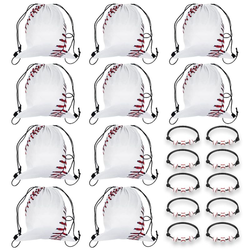 Photo 1 of 10 Pieces Sport Drawstring Bags Candy Bag Sport Party Drawstring Goodie Favor Bags Supplies Gifts with 10 Pcs Baseball Bracelets (Baseball Style, 13 x 16 Inch)