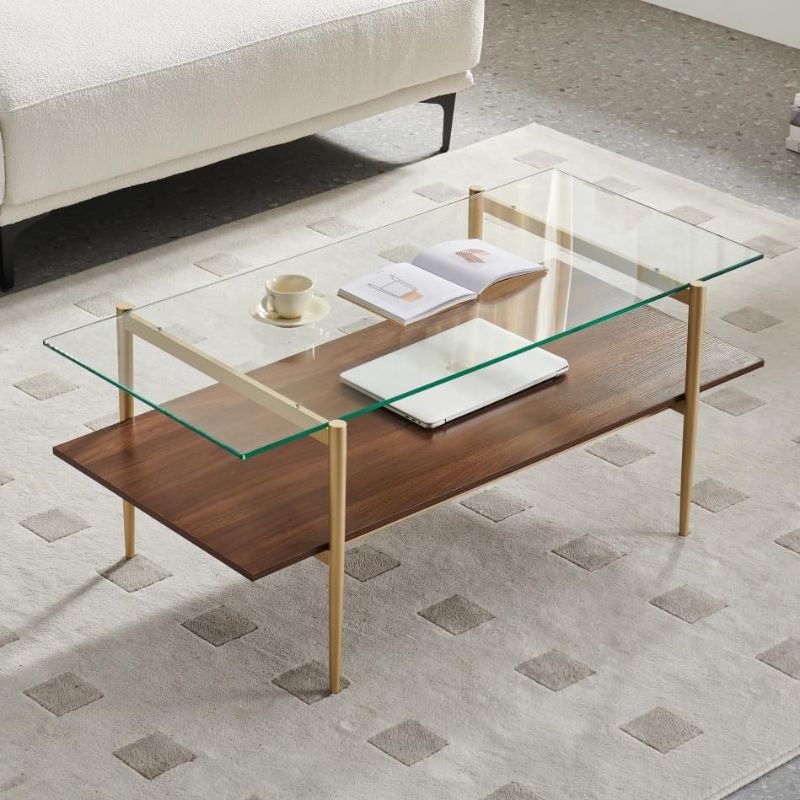 Photo 1 of AGV 202206 Tadio Glass Coffee Table, Double Layer Glass Coffee Table for Living Space, Gold Finish Frmae, Ultra-Clear Glass & Walnut Wood Top
