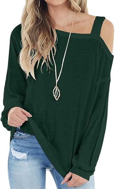 Photo 1 of IWOLLENCE Womens Cold Shoulder Tops Long Sleeve Shirts Blouse Waffle Knit Tunic Casual Tops Loose Fit